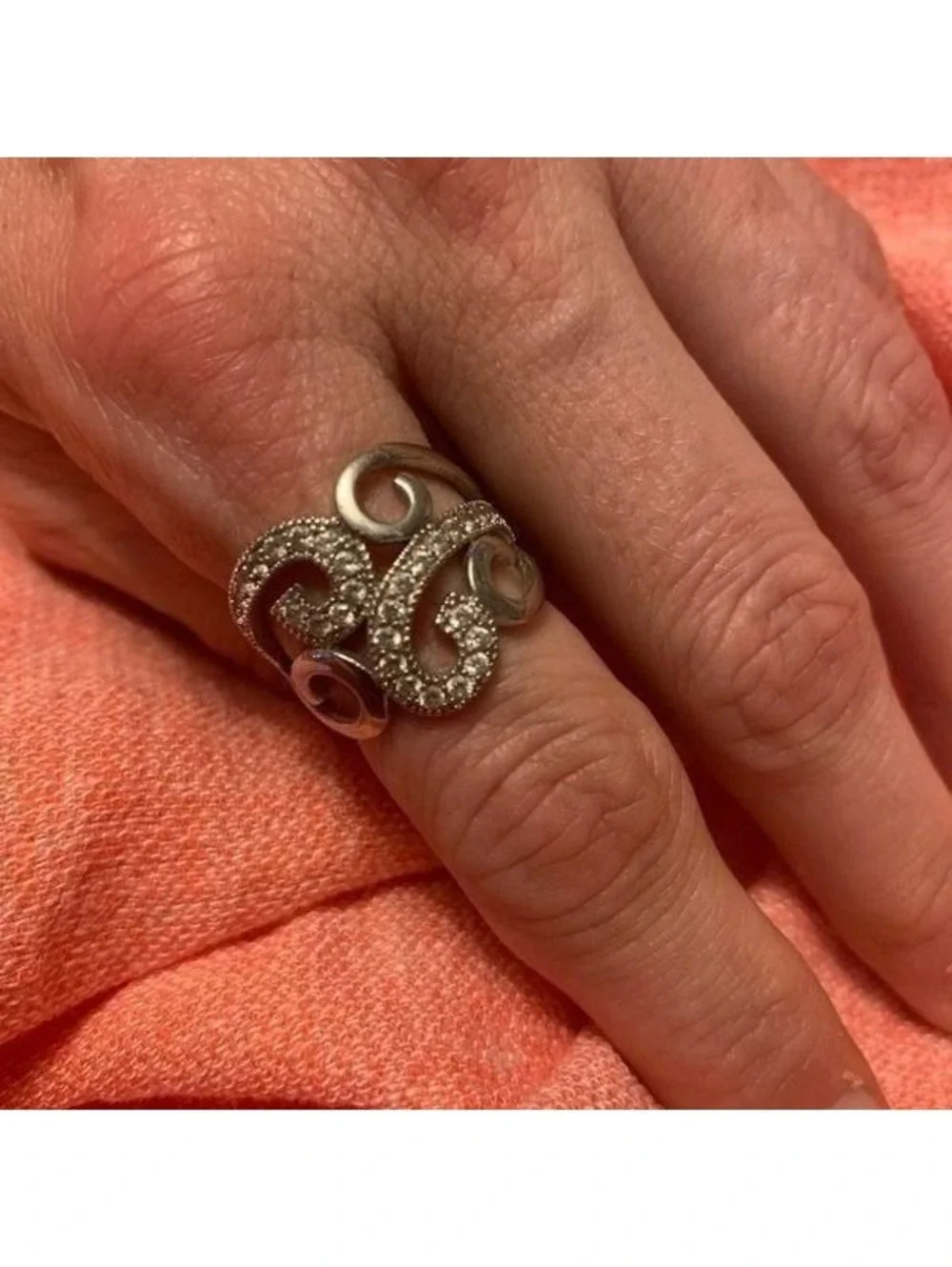 Silver & Rhinestone Swirl Ring Sz 7